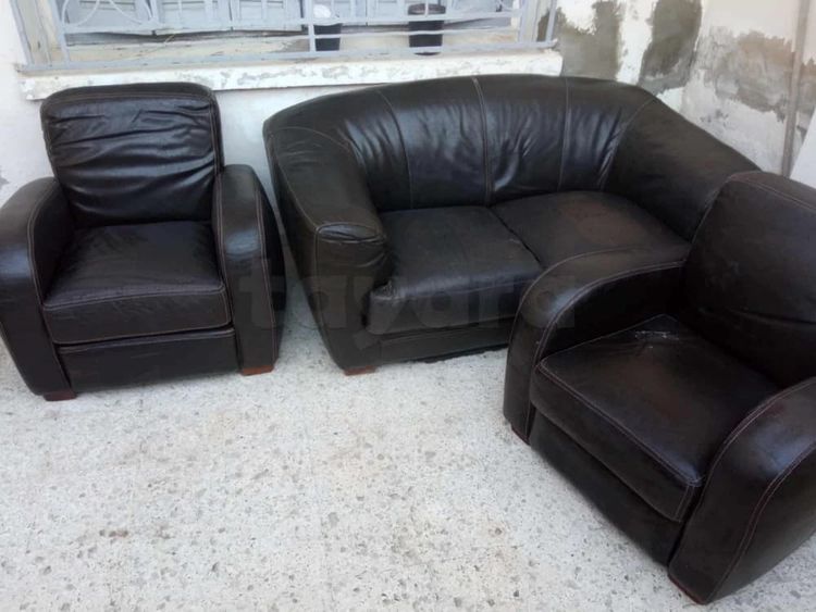Salon en cuir marron foncé – 3 pièces (2 fauteuils + canapé 2 places)