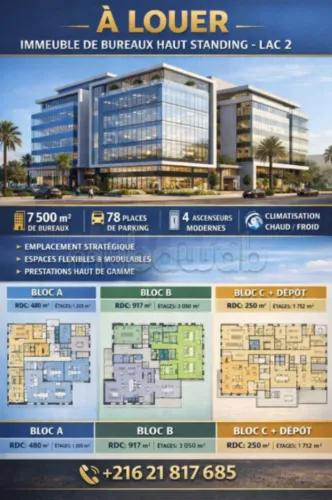 A louer immeuble 5 niv en open space 7500 m² au Lac 2