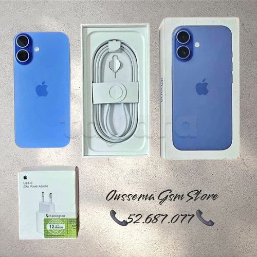 iPhone 16 Bleu 128Go état Neuf état de batterie 100%🔋Tél:52687077