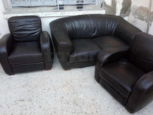 Salon en cuir marron foncé – 3 pièces (2 fauteuils + canapé 2 places)