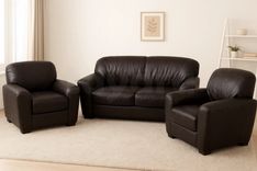 Salon en cuir marron foncé – 3 pièces (2 fauteuils + canapé 2 places)